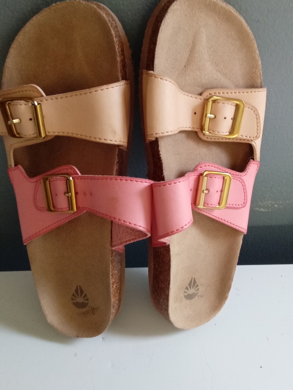 Two Tone Pink Peach Double Buckle Slide Sandals Cork Footbed Casual Summer Shoes